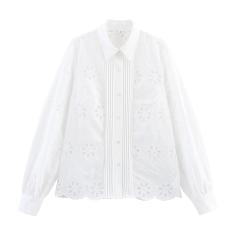 Dames Franse Stijl Holle Borduurwerk Wit Shirt Lange Mouwen Omslagkraag Geplooide Losse Blouse Top