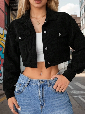 Women Corduroy Cropped Jacket Long Sleeve Turn Down Collar Button Down Casual Streetwear Vintage Outerwear Black