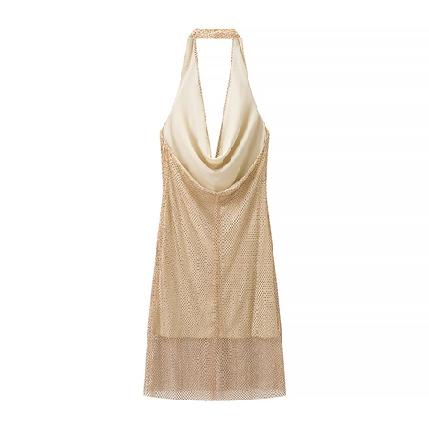 Robe Courte Sexy Halter Strass Étincelant Maille Métallique Col Bénitier Dos Nu Coupe Ajustée Soirée Club Femmes Or