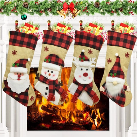 Christmas Stocking Hanging Gift Bag Burlap Buffalo Plaid Three Dimensional Cartoon Santa Snowman Reindeer Gnome Xmas Decor