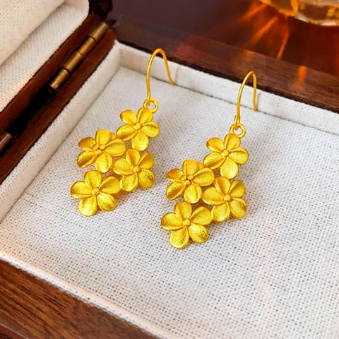 Matte Gold Plated Flower Cluster Drop Earrings Copper Floral Dangle Ear Hooks With Steel Post Elegant Jewelry For Women