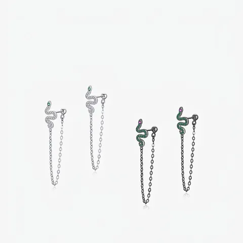 925 Sterling Silver Snake Stud Earrings With Dangle Chain Tassel Green Eyes Cubic Zirconia Animal Jewelry Gift For Women