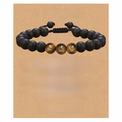 Natural Stone Bead Bracelet With Tiger Eye And Black Matte Agate Adjustable Braided Rope Jewelry Gift For Men