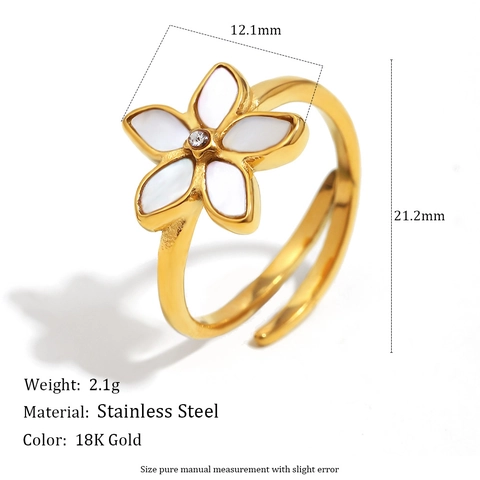 Bloem Verstelbare Ring Roestvrij Staal 18K Verguld Witte Kunstparelmoer Zirkonia Elegante Sieraden Voor Dames