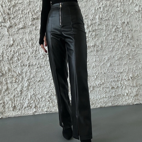 High Waist PU Leather Pants Women Solid Color Straight Leg Trousers With Front Zipper And Side Split Streetwear