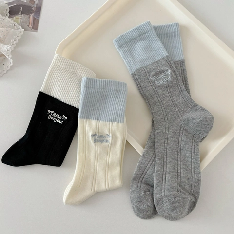 Calze Crew Da Donna Cotone Ricamo Lettere Fiocco Polsini Colore A Contrasto Traspirante Morbido Assorbente Sudore Stile Ins