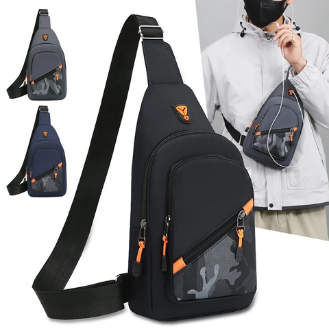 Herren Wasserdichte Nylon Brusttasche Camouflage Patchwork Sling Crossbody Tasche Mit Kopfhörerloch Lässig Leicht Trendig