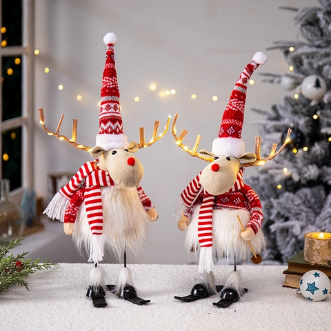 Nordische Plüsch Weihnachtsrentier Dekoration Mit LED Leuchtendem Geweih Ski Elch Figur Feiertags Heim Tisch Deko Party Requisite