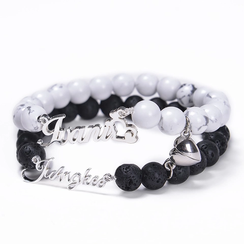 Magnetic Attraction Couple Bracelets Heart Charm Lava Stone White Turquoise Nameplate Adjustable Beaded Jewelry