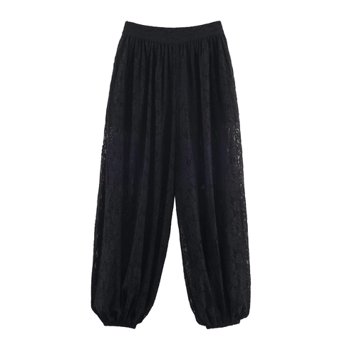 Damen Spitze Ballonhose Hohe Taille Locker Durchsichtig Ausgehöhlt Lässige Modehose Schwarz