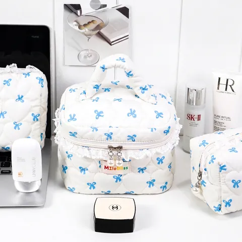 Quilted Makeup Bag With Bow Print Lace Trim Artificial Pearl Zipper Portable Cosmetic Toiletry Storage Organizer Pouch For Women
