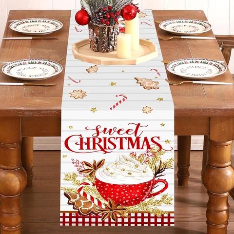 Kerst Tafelloper Polyester Peperkoekman Koffiemok Print Vakantie Feest Huis Dineren Decor Houtnerf Stijl