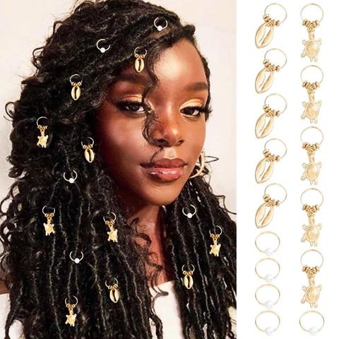 Bohemian Alloy Braid Hair Jewelry Set Golden Turtle Shell Pendants With Artificial Pearl Dreadlock Rings For Women Accessories