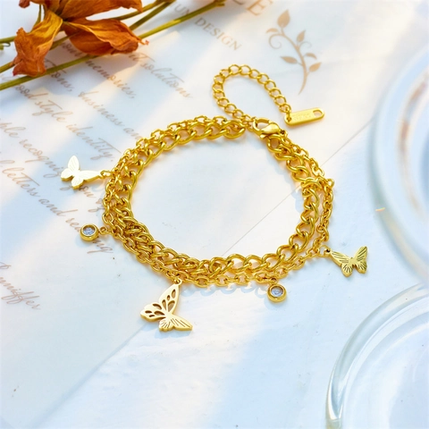 Vintage Double Layer Titanium Steel Butterfly Pendant Bracelet For Women Gold Plated Rhinestone Hollow Chain Bracelet Jewelry