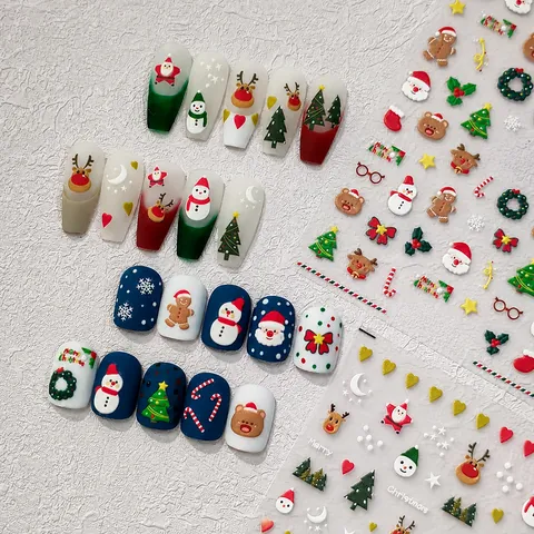 Autocollants Ongles Noël 5D Relief Père Noël Bonhomme Neige Renne 3D Auto-Adhésif Mignon Dessin Animé Nail Art Decals