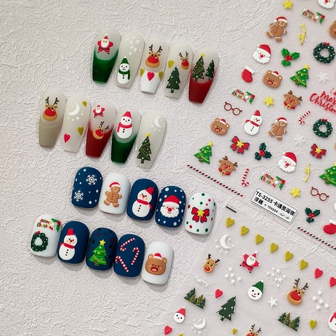 5D Embossed Christmas Nail Stickers Santa Snowman Reindeer 3D Relief Self-Adhesive Cute Cartoon Festive Nail Art Decals