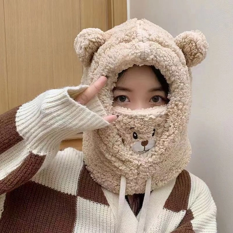 Winter Sherpa Fleece Bivakmuts Hoed Met Masker Schattige Berenoren Winddichte Verdikte Warme Sjaal Met Capuchon Voor Dames