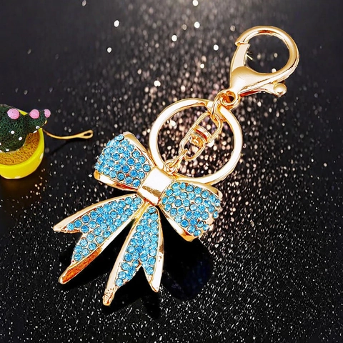 Cute Alloy Metal Bowknot Keychain With Sparkling Rhinestone Decoration For Women Bag Pendant Car Keyring Accessories