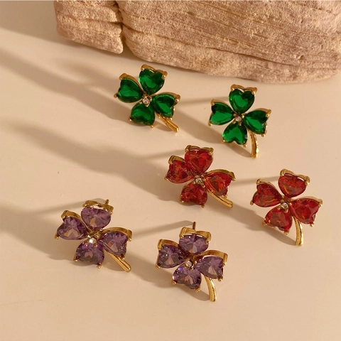 Stainless Steel Clover Stud Earrings Heart Shaped Zircon Flower Elegant Sweet Jewelry For Women Small Lightweight Accessory