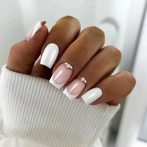French Tip Press On Nails Milk White Square Round Fake Nails With Artificial Pearl Rhinestone Elegant Glossy Ins Style For Women