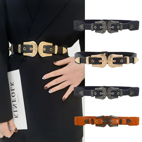 Ceinture Élastique Vintage pour Femmes Double Boucle Cuir PU Gravure Florale Ceinture Extensible pour Costume Manteau Ceinture Rétro