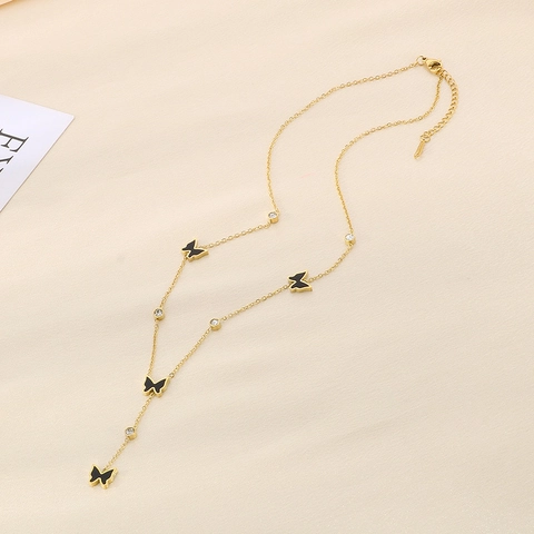 Schmetterling Anhänger Halskette Edelstahl Lang Y-Form Mit Bunter Emaille Zirkon Strass Eleganter Schmuck Für Damen