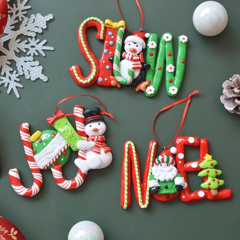 Weihnachts Brief Hängeornamente Polymer Ton Harz Weihnachtsmann Schneemann Pinguin Zuckerstange Festliche Baumdeko