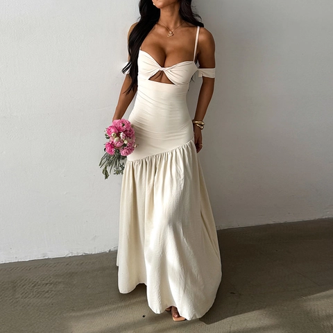 Women Maxi Dress Off Shoulder Cut Out Sleeveless Asymmetrical Pleated Hem Sexy Elegant Vacation Solid Color