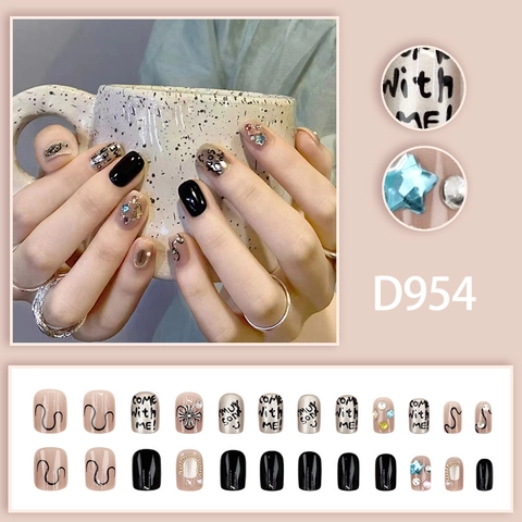Press On Nails Short Square Black Silver Metallic Punk Style With 3D Rhinestone Artificial Pearl Cross Letter Print For Women DIY Manicure