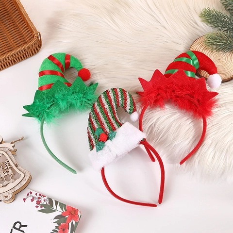 Cerchietto Cappello Elfo Natale Tessuto Piuma Sintetica Paillettes Campanellino Accessori Capelli Festa Bambini Adulti Divertente Novità