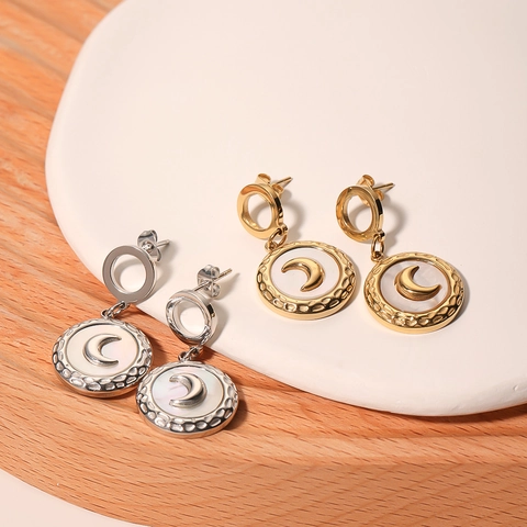 Maan Hanger Hangende Oorbellen 18K Verguld Roestvrij Staal Rond Kunstparelmoer Schelp Reliëf Getextureerde Sieraden Voor Dames