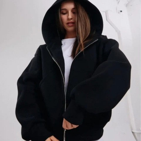 Felpa Con Cappuccio Zip Donna Oversize Sweatshirt Poliestere Pile Tinta Unita Casual Spalle Cadenti Giacca Coulisse Tasche