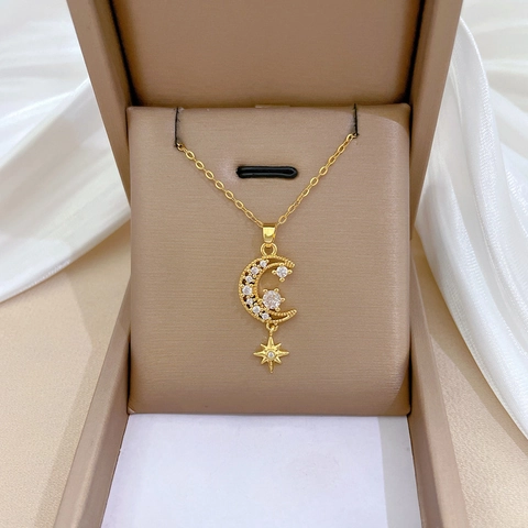Moon Star Pendant Necklace Titanium Steel Chain Copper Micro Inlaid Cubic Zirconia Elegant Jewelry For Women