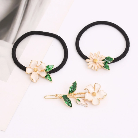 Elegante Pinza Para El Pelo Y Goma Para El Pelo De Esmalte Flor De Magnolia Margarita Para Mujeres Niñas Estilo Bosque Aleación