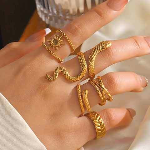 Vintage Stainless Steel Snake Rings Adjustable Open Sun Star Pattern Bohemian Fashion Jewelry For Women