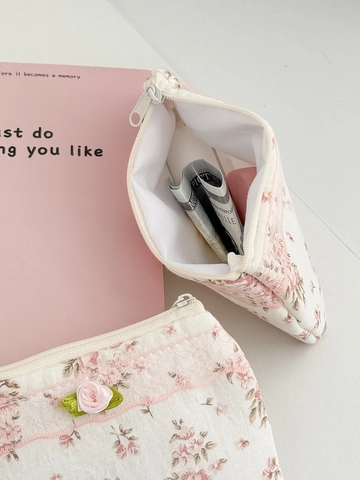 Florale Münzbörse Baumwolle Reißverschlussbeutel Mit Spitzenborte Und 3D Blume Koreanischen Stil Kosmetiktasche