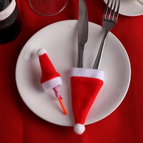 Mini Gorro de Navidad Soporte para Cubiertos Tela Decoración de Mesa Festiva Para Botella de Vino Caramelo Piruleta Gorra Decorativa Fiesta Hogar