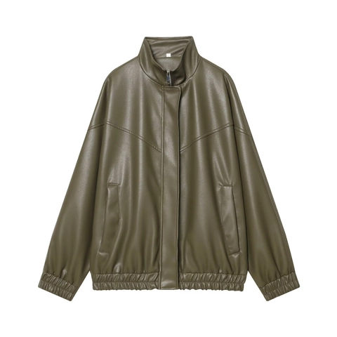 Giacca Bomber Da Donna In Ecopelle PU Collo Alto Chiusura Lampo Vestibilità Ampia Casual