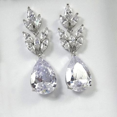 Luxury Teardrop Cubic Zirconia Drop Earrings Copper Leaf Design Bridal Wedding Evening Party Jewelry Elegant