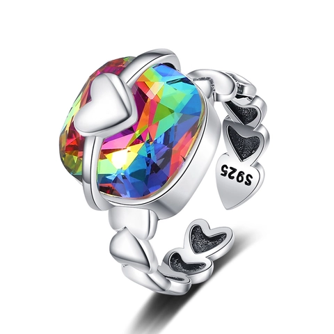 Vintage Heart Ring With Rainbow Cubic Zirconia Adjustable Opening Copper Jewelry For Women
