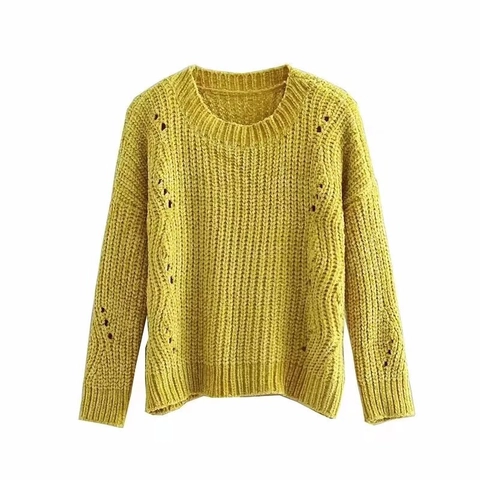 Pullover Damen Chenille Strick Rundhals Langarm Zopfmuster Durchbrochen Einfarbig Lässig Oberteil