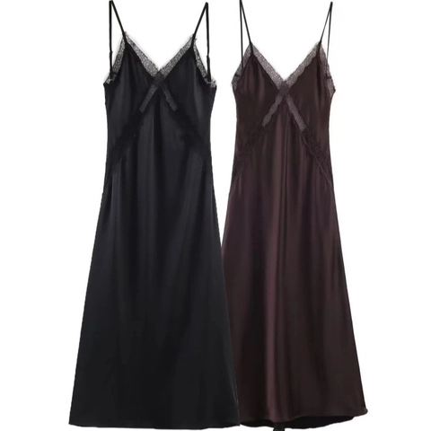 Satin Slip Dress With Lace Patchwork V-Neck Sleeveless Spaghetti Strap Elegant Sexy Long Party Dress For Women