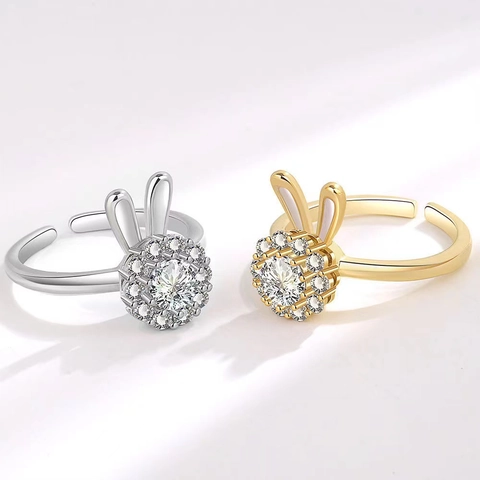 Süßer Drehbarer Hasenring Zirkonia Kupfer Emaille Fidget Angstlinderung Verstellbarer Offener Schmuck Für Damen