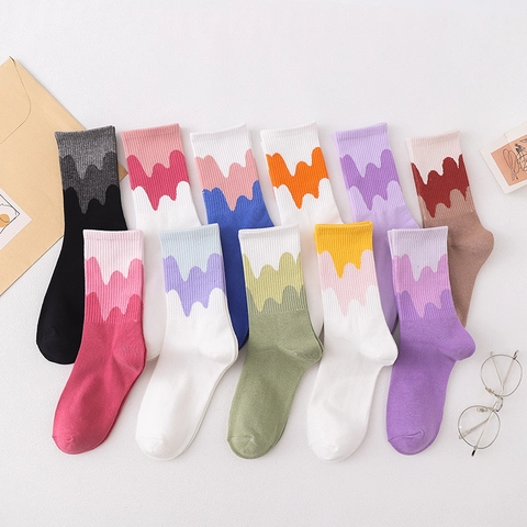 Cotton Blend Crew Socks Trend Wave Pattern Color Block Mid Calf Breathable For Women Men Novelty Aesthetic