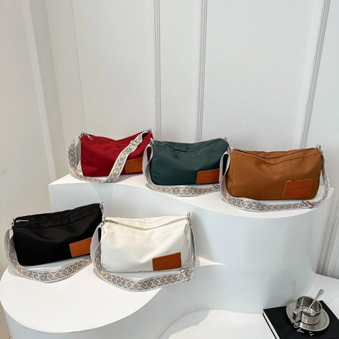 Women Crossbody Bag Large Capacity Nylon Fashion Shoulder Bag With Geometric Pattern Wide Strap And Leather Patch Casual Daily