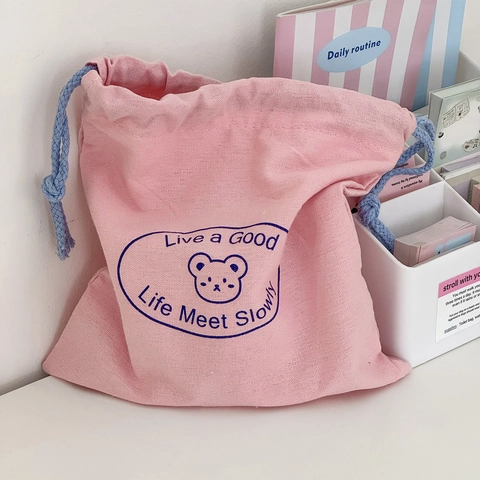 Cute Bear Canvas Drawstring Bag And Zipper Pouch Travel Makeup Stationery Organizer Pink Blue Cartoon For Girls Handheld