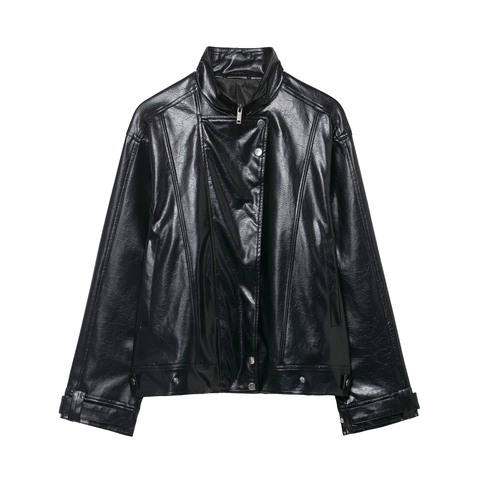 Damen Schwarz PU Kunstleder Bikerjacke Oversize Revers Reißverschluss Moto Mantel Lässig Streetwear Mode Oberbekleidung