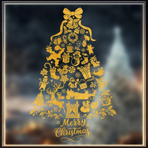 Christmas Window Stickers Golden Glitter PVC Static Cling Xmas Tree Snowman Reindeer Festive Party Glass Door Decals