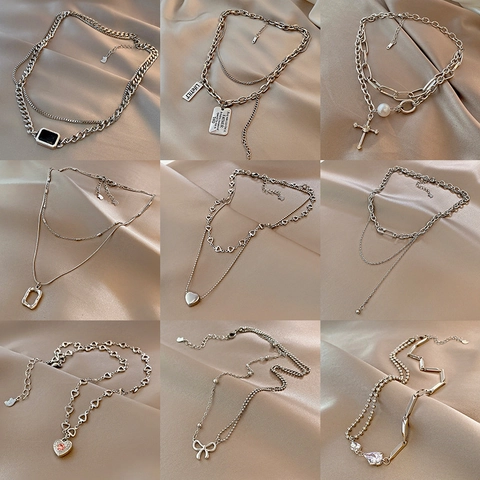 Fashion Stainless Steel Necklace For Women Double Layer Alloy Pendant Heart Butterfly Zircon Faux Artificial Pearl Minimalist Jewelry
