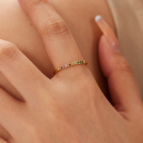 Stainless Steel Ring With Multi Color Cubic Zirconia 18K Gold Plated Rainbow Minimalist Niche Design Jewelry For Women